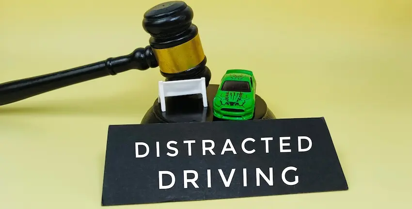 A black and gold judge's gavel from Knoxville Car Accident Lawyer rests on its sound block atop a pale yellow surface beside a small green toy muscle car with decorative graphics on its hood and a miniature white road barrier placed in front of it with a rectangular black placard in the foreground printed in bold white capital letters reading "DISTRACTED DRIVING" — a staged legal concept image representing the courtroom consequences drivers face when distracted driving leads to a crash.