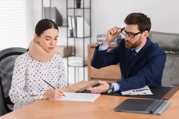 Client wearing a neck brace speaking with an Uber accident lawyer during a consultation.