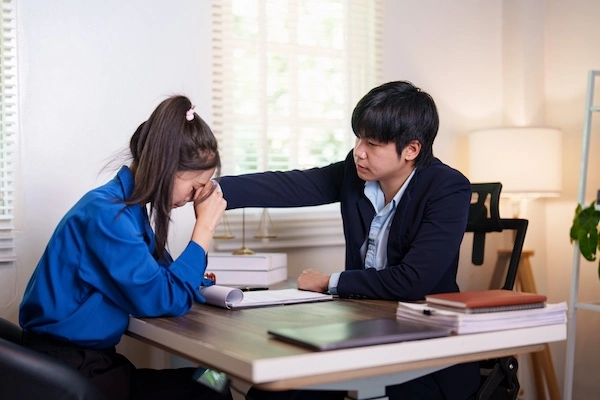 A wrongful death lawyer is speaking with a client.